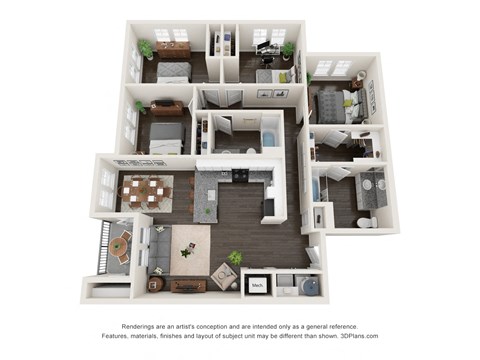 Floor plan for 4 beds, 2 baths, 1378 sqft